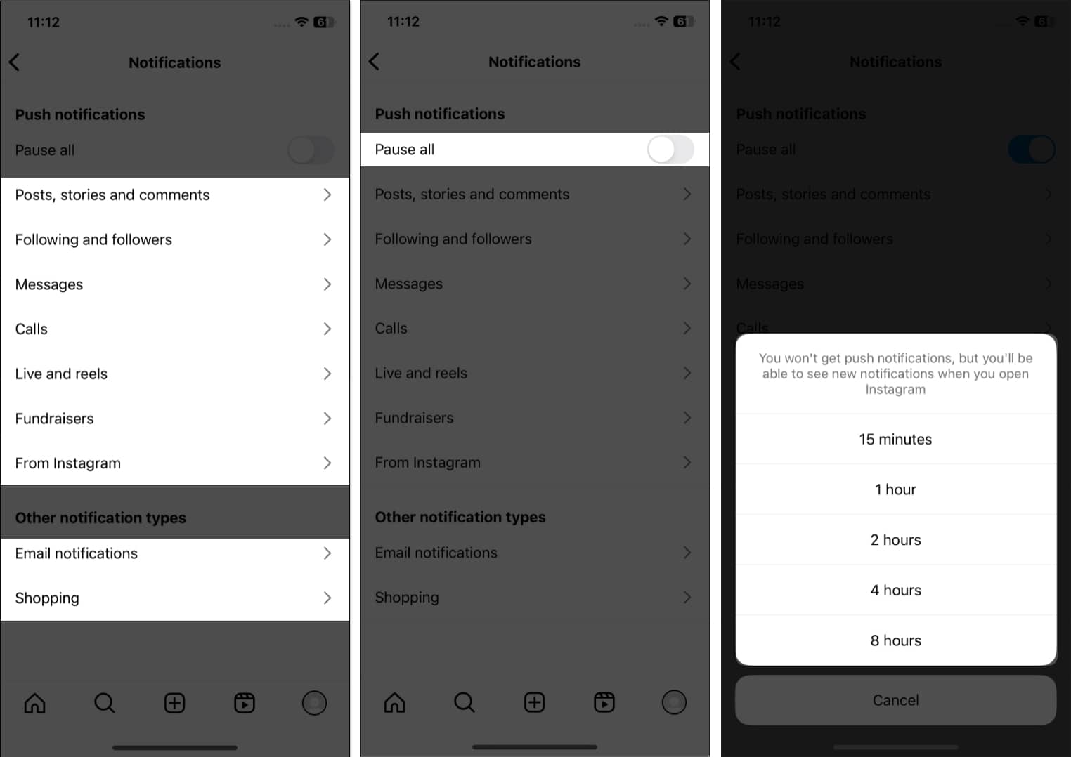 Select the notification type toggle on pause all choose a duration in instagram Select the notification type, toggle on pause all, choose a duration in instagram