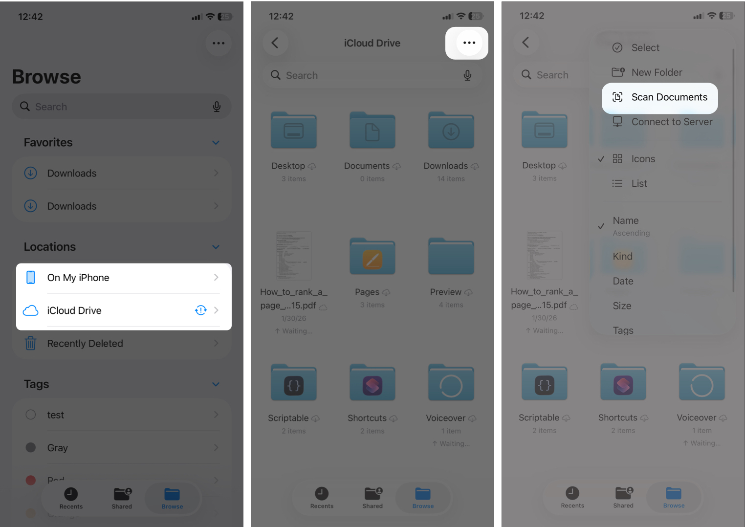 Starting a Document Scan in the Files App.