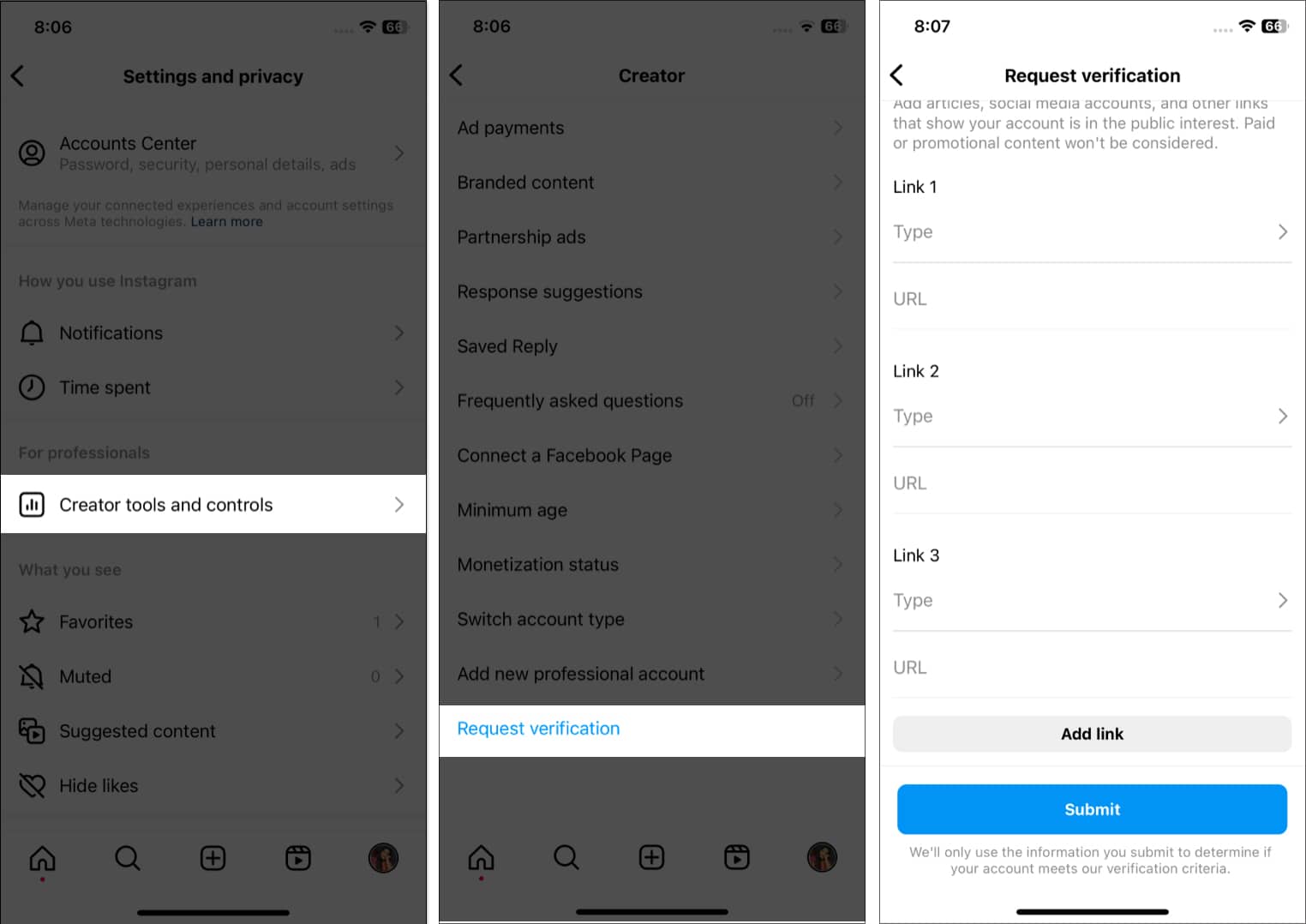 Tap creatools option request verification fill the form and tap submit in instagram Tap creator tools option, request verification, fill the form and tap submit in instagram