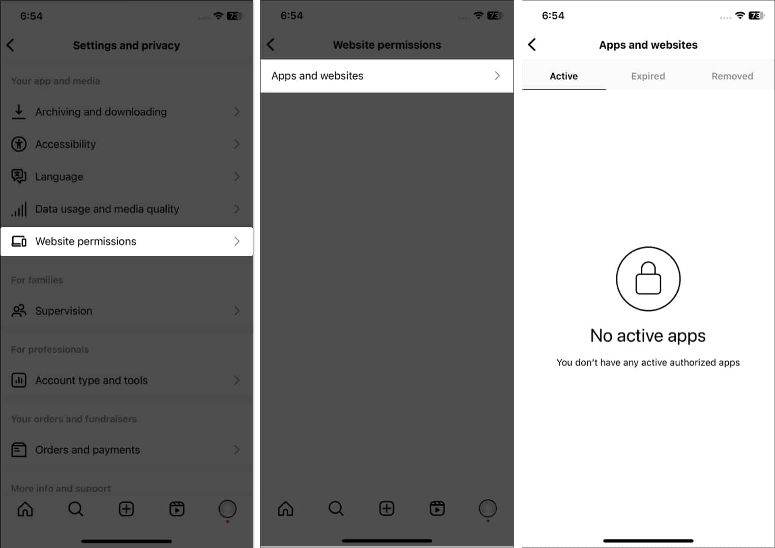 Tap website permissions apps and websites in integram Tap website permissions, apps and websites in integram