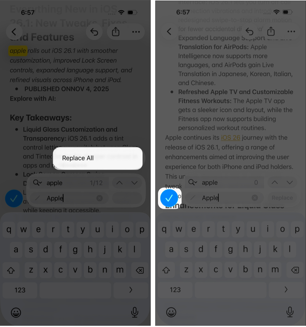 Using Replace All in iPhone Notes.
