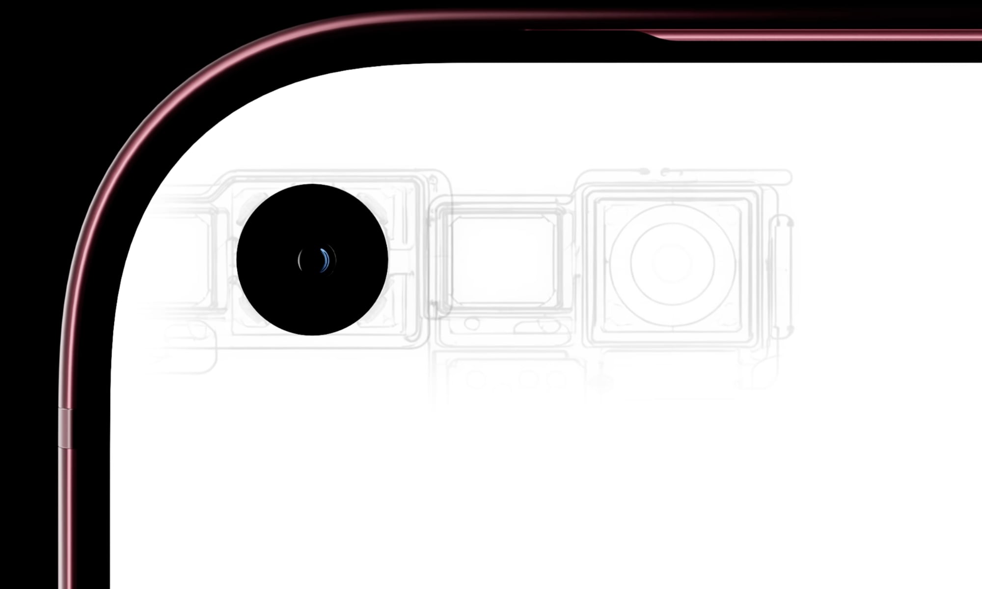 A concept render of the iPhone 18 Pro featuring a top-left hole-punch front camera showing an outline of the Face ID sensor and other electronics under the display.