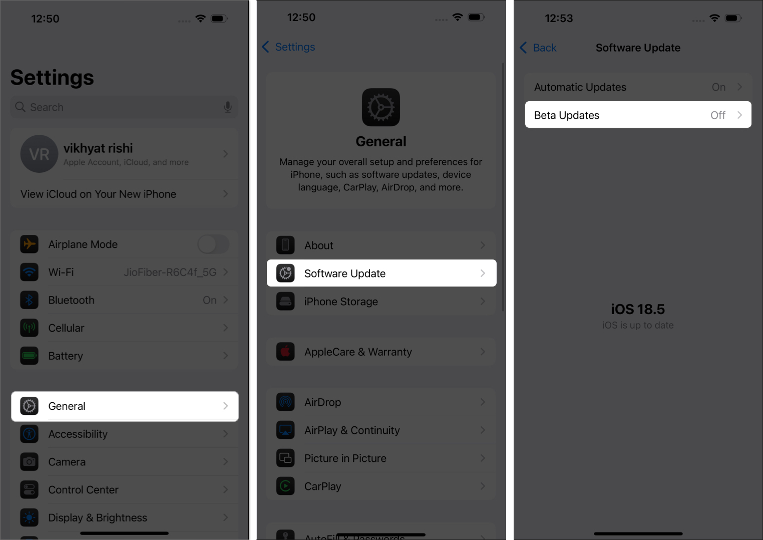 Find beta update option in the settings on iPhone