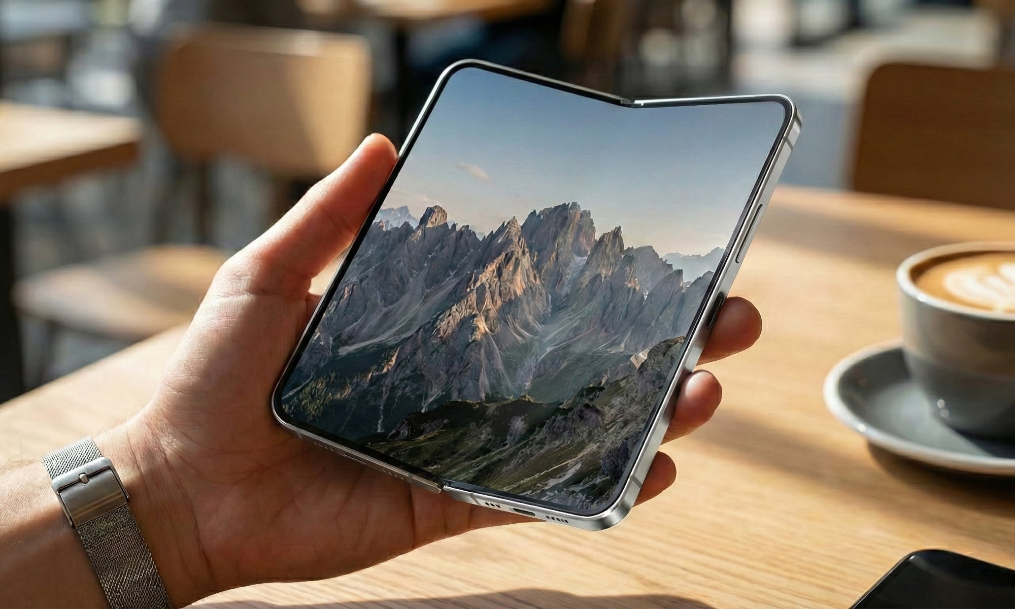 Concept of a book-style iPhone Fold with a titanium frame, ultra-thin 4.5mm chassis, and a side-mounted Touch ID power button.