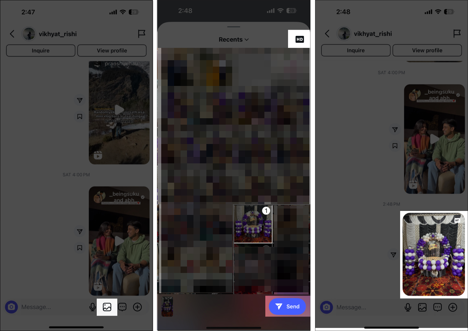 Sending HD photo in Instagram DM.